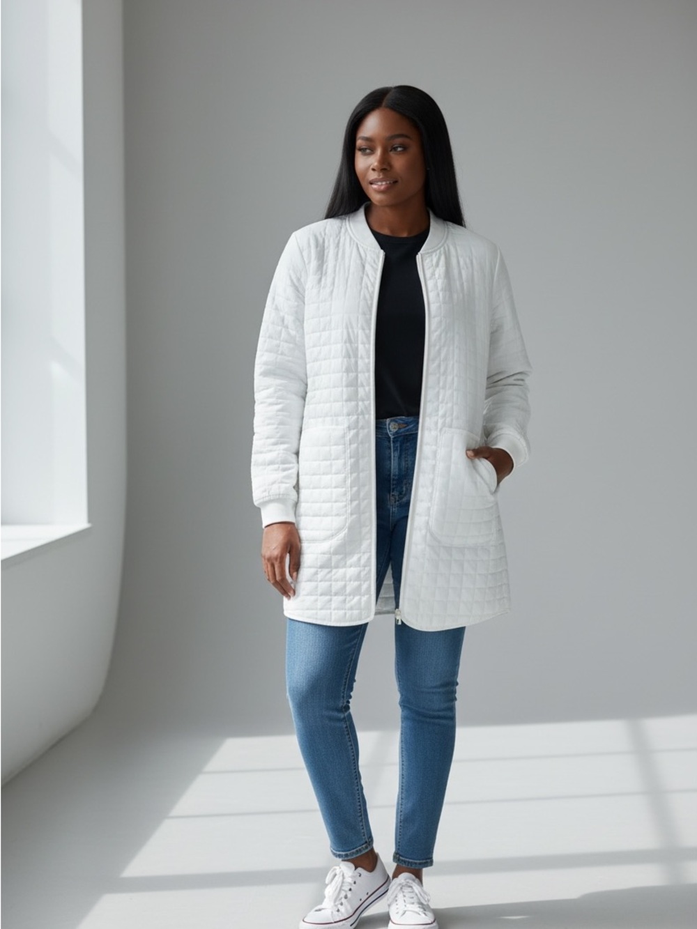 Athleta White Quilted Longline Puffer Jacket